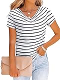 Dresswel Striped Shirt Women Cowl Neck Short Cap Sleeve Tops Cute Tshirt Dressy Casual Office Work Blouse Summer Outfits 2024 White, Medium