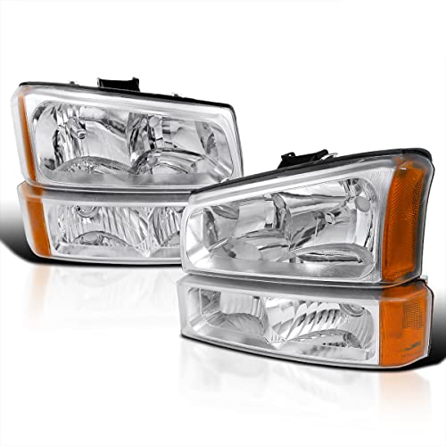 Spec-D Tuning Chrome Housing Clear Lens Headlights + Bumper Lights Compatible with 2003-2007 Chevy Silverado Avalanche L+R Pair Head Light Lamp Assembly Left + Right Pair Headlamps Assembly