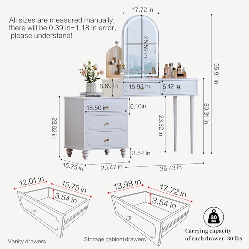 White Vanity Desk with 3 Color Touch Screen Dimming Mirror, Modern Retractable Makeup Dressing Table with Power Strip,Adjustable Cabinet and 5 Sliding Drawers,Vanity Table Set,Writing Desk Bedroom - Image 4
