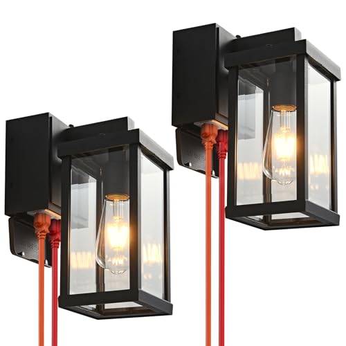 Image of Porch Lights with GFCI Outlets Dusk to Dawn Outdoor Wall Lights Waterproof Exterior Lighting Fixtures Modern Outside Lights Wall Mount for House Patio Garage,Black,11.8''H, 2 PC