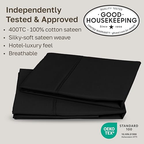 Image of California Design Den King Size Pillowcase Set - 400 Thread Count, 100% Cotton Sateen, Set of 2 Pillow Covers, Soft and Breathable - Black