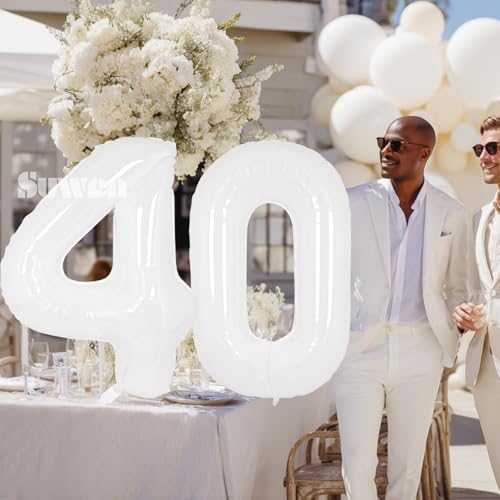 Image of SUWEN 40 Inch White Large 40 Balloon Number Big Foil Helium Numbers 0-9 | Giant Jumbo Happy 40th Birthday Party Decorations for Men or Women Huge Mylar Anniversary Party Supplies
