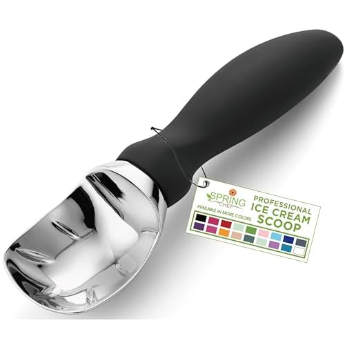 Spring Chef Heavy Duty Ice Cream Scoop with Comfortable Handle – Professional Ice Cream Scooper for Gelato, Sorbet, Cookie Dough, Melon, Frozen Yogurt – Dishwasher Safe Metal Kitchen Tool – Black