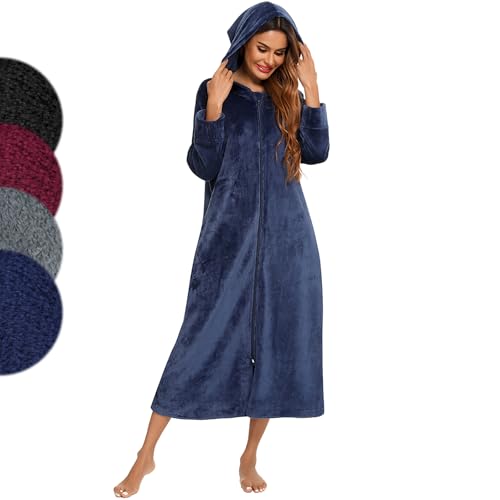 Figarge Damen und Herren Bademantel mit Reißverschluss und Kapuze, Langer Bademantel mit Fronttaschen, Saunamantel, Flanell, Marineblau, XXL