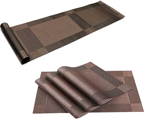 Image of Dining Table Placemats & Runner Set - Heat Resistant, Washable & Stain Resistant Woven Vinyl Mats | Table Runner & 6 Placemats Set for Stylish Dining (45x30 cm Placemats, 180x30 cm Runner)
