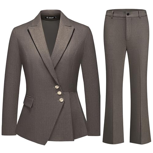TRONSTORE Conjunto de terno feminino de risca de risca de giz slim fit assimétrico blazer bootcut calça formal roupa formal para mulheres escritório negócios, Café, 3G