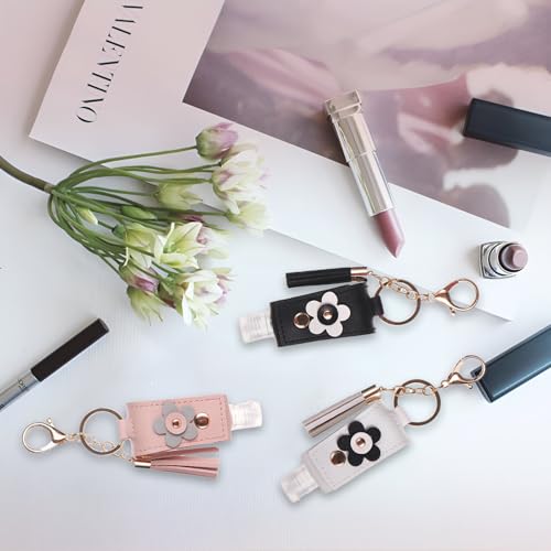 Image of 3 Pieces Small Hand Sanitizer Keychain, 30ml Portable Leather Hand Sanitizer Holder Travel Size for Lotion Liquid Soap Shampoo (Black、White、Pink)