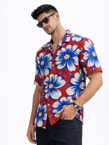 Image of Veirdo Men's Printed Camp Collar Shirt, Oversized Fit, Short Sleeve Casual Resort Wear, Button-Down Summer Shirt for Men, Cotton Fabric (Sizes S to 2XL)