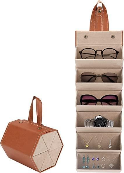 VANSHORA 5 Layer Sunglasses Organizer Box PU Leather Foldable Travel Eyewear Storage Case with Hanging Strap and Snap Closure Portable Glasses Holder Display Bag for Men Women Accessories