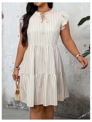 Image of Floerns Women's Plus Size Striped Tie Neck Dress Ruffle Cap Sleeve Short Tiered Dresses
