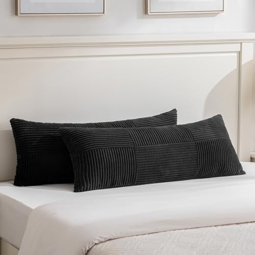 Image of Fancy Homi Set of 2 Black Boho Long Lumbar Body Decorative Throw Pillow Cover 14x36 Inch for Bed Couch Bedroom Bench, Soft Patchwork Corduroy Textured Pillow Case, Rustic Farmhouse Room Decor