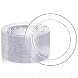 FOCUSLINE 100 Clear Silver Plastic Plates 10 Inch, Disposable Clear Plates with Silver Rim, Premium Hard Plastic Plate Fancy Disposable Dinner Plate for Wedding Parties