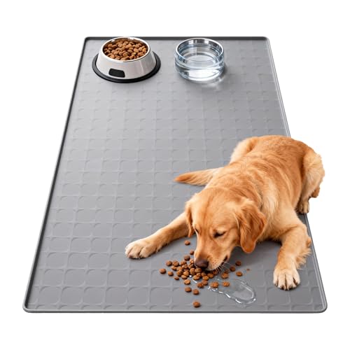 TCULOSD Extra Large 34x22 Inch Machine Washable Silicone Pet Food Mat - Waterproof Dog & Cat Bowl Mat with Raised Edge, Non-Slip Floor Protector for Large Dogs, Multi-Pet Homes (Grey)