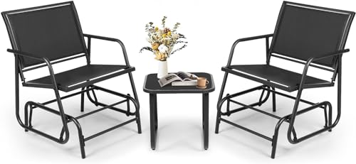 Betterland 3-Piece Outdoor Patio Swing Glider Loveseat Chair, Garden Rocking Chair Patio Bench for 2 Person, Steel Frame Porch Chair Set with Textilene Fabric(Black)
