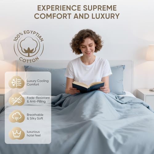 Image of 1200 Thread Count 100% Egyptian Cotton Sheets Bed Set for RV Camper,Thickness,Long-Lasting Durability,Resists Pilling,Deep Pocket Up to 18 inch,with a Laundry Bag (French Blue, Full)