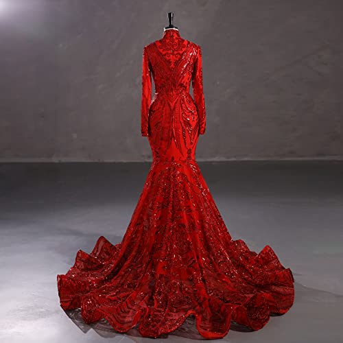 Datangep Red Shiny Sequined Mermaid Prom Dress Shower Party Evening Dress Engagement Celebrity Pageant Gown Chapel Train Us4 #TOP2
