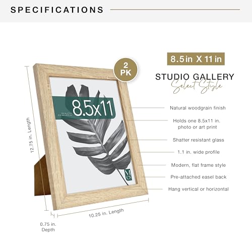 MCS Studio Gallery 8.5x11 Picture Frame Natural Woodgrain, Rectangle Photo Frame for Photos, Posters & Art Prints & Easel for Tapletop Display (2-Pack)