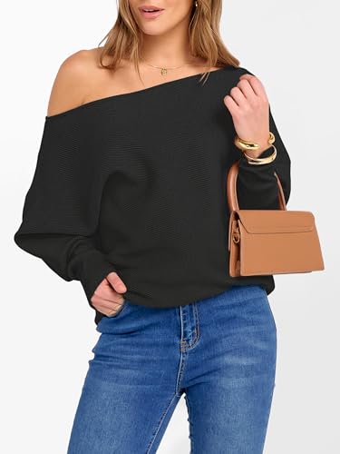 Image of ANRABESS Womens Off Shoulder Sweaters 2026 Fall Long Batwing Sleeve Loose Fit Knit Tops Casual Pullovers Jumpers