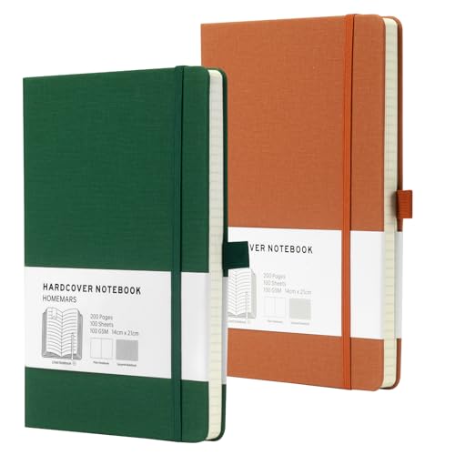 HOMEMARS Cuaderno A5, Rayado,200 páginas, 100 g/m Diario, A5 Notebook, Journal, Papel grueso de primera calidad,Paquete de 2, Lazo Para Bolígrafo,Perfecto para oficina, Marrón Verde