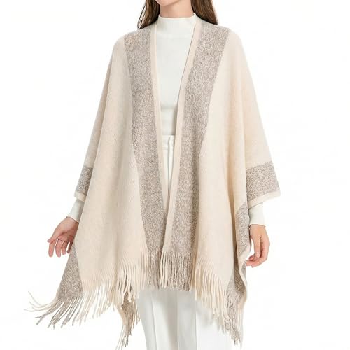 ZLYC Women's Shawl Golden Trim Knit Blanket Wrap Fringe Poncho