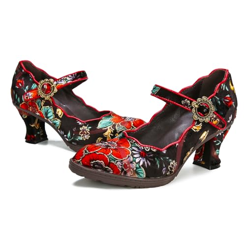 Superladystar's Handmade Cowhide Leather Women's Shoes, Pumps, Mid Heels, Retro Style, Hand Painted,Casual Style4