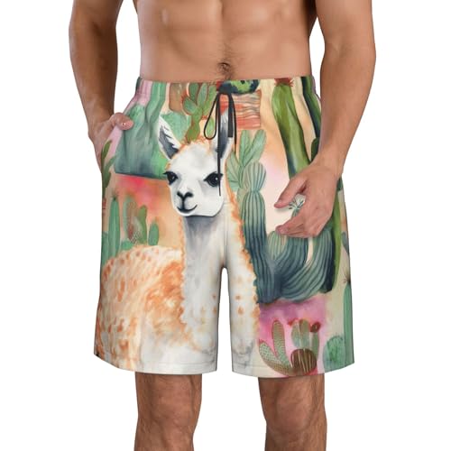 Men's Swim Trunks Quick Dry Bathing Suits White Alpaca Watercolor Cactus Beach Board Shorts Swimwear with Pockets