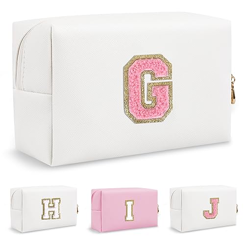 Personalized Initial Preppy Makeup Bag Organizer, Small Travel Cute White Cosmetic Bag Toiletry Zipper Pouch, Portable Waterproof PU Leather Monogram Makeup Case for Teacher Graduation Gift(Letter G)