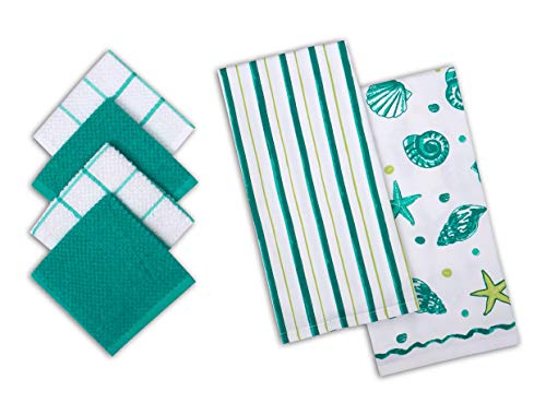 Amour Infini Sea Life 6 Pack Kitchen Set | 2 Decorative Kitchen Towels (28” X 18”) And 4 Terry Dishcloths (12” X 12”) | 100% Cotton Machine Washable | Super-Soft And Ultra Absorbent | Teal #TOP13
