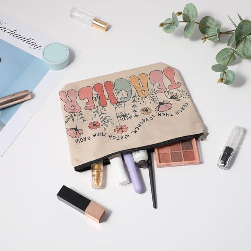 JIEYAO Teacher Gifts Makeup Bag, Teacher Must Haves Cosmetic Bag, Vintage 70s 80s Floral Cosmetic Bags Travel Toiletry Bag Wildflower Teacher Pencil Pouch for Female Educator Retirement Birthday Gift - Thumbnail 5