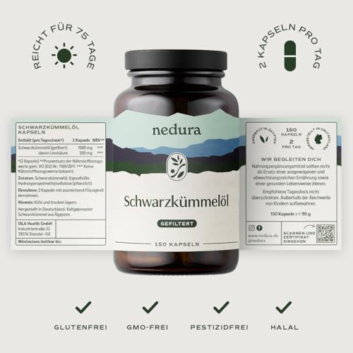 nedura® Schwarzkümmelöl Kapseln – Premium Schwarzkümmel aus dem Orient in eigener Deutscher Manufaktur kaltgepresst & abgefüllt – 150 Stück in veganer Kapselhülle – 1000 mg Tagesdosis