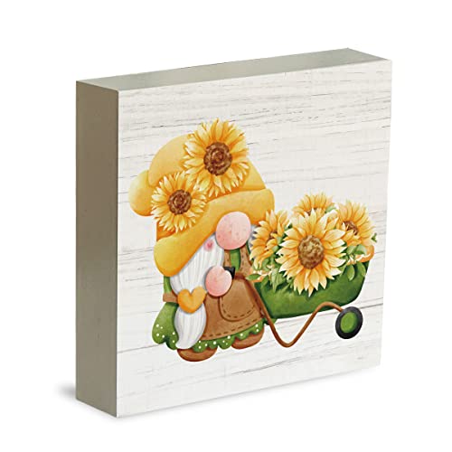 Farmhouse Sunflower Gnome Wooden Box Sign Rustic Country Sunflowers Truck Box Sign Wood Sign Decor Summer Square Wood Sign Home Desk Tabletop Shelf Decor 5 X 5 #TOP1
