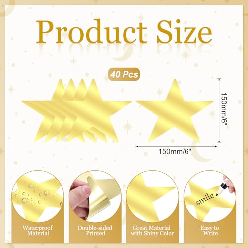 PATIKIL Große Stern-Ausschnitte, 40 Stück 6 doppelseitig Bedruckte Papierstern-Dekoration Stern-Pappe-Ausschnitt Fünf Sterne-Ausschnitt für Hochzeit Filmnacht Party Dekoration, Goldton
