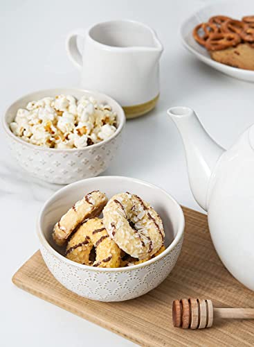 Le Tauci Small Bowls 12 Oz, House-Warming Gift, Ceramic Embossment Stoneware Bowl For Ice Cream, Dessert, Fruits, Side Dishes - 4.5 Inch, Set Of 4, Arctic White #TOP7
