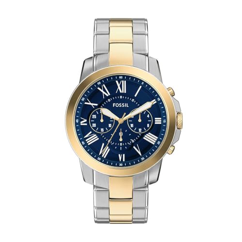 Fossil Montre Grant pour Homme, mouvement chronographe à quartz avec bracelet en acier inoxydable, Argent et or, 44 mm