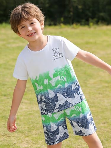 Image of Ayzozuy Boy Clothes Colorblock Top + Drawstring Waist Shorts 2 Pieces Kid Summer Outfits Set