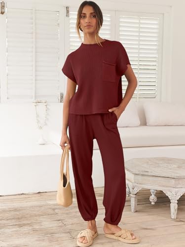 Image of ANRABESS Women's Two Piece Outfits Sweater Sets Knit Pullover Tops and High Waisted Pants Tracksuit Lounge Sets