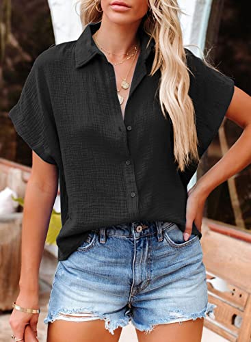 Dokotoo Casual V Neck Button Down Shirts for Women Solid Short Sleeve Blouse Tops3