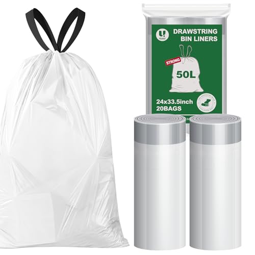 Yolaist Pre-separated 50L Bin Bags Heavy Duty (20 Count) - 30m Thick White LDPE Leak-proof Bin Bags 50 Litre with Drawstring Fit 50L Kitchen & Commercial Bins