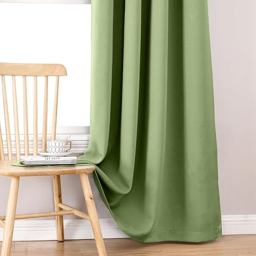 Image of THE LINEN COMPANY Extra Long Back Loop Curtains | Blackout Hall Door Curtains | Thermal Insulated Room Darkening Curtains Set of 2 - Avocado Green, 10 Feet