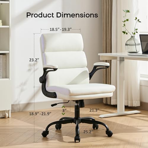 Office Chair Adjustable Desk Chair Mid Back Executive Comfortable Bonded Leather Ergonomic Back Support Home Computer Chair with Padded Flip-up Armrest Swivel Wheels (White) image 6
