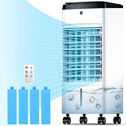 SKYICE Evaporative Air Cooler, 3-IN-1 Air Conditioner Portable for Room w/ 4 Modes & 3 Speed, 12H Timer, 1 Gal Detachable Water Tank, 4 Ice Packs, Remote, 70° Oscillation Air Cooler for Bedroom Indoor