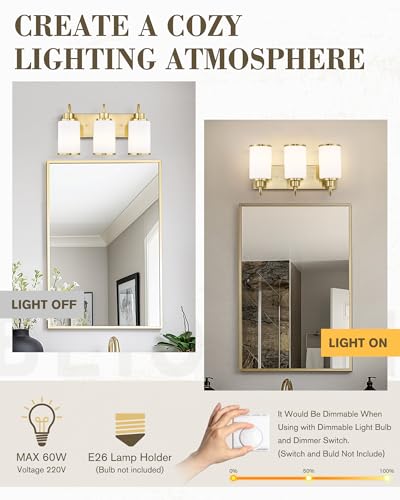 Image of Beionxii Bathroom Vanity Light, 3 Light Gold Bathroom Light Fixtures, Vanity Lights with Milk Glass Shade, Modern Vanity Lighting Fixtures Over Mirror Living Room Hallway, BX-VL01BG-3