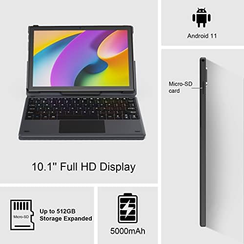 AWOW 10.1 inch Tablet Android 11 OS, 4GB RAM & 128GB Storage, 5000mAh Battery Life Tablet with Keyboard, 2.0GHz Octa-Core CPU, 1080P FHD IPS LCD Display, Dual WiFi, BT 5.0, 13MP Rear Camera