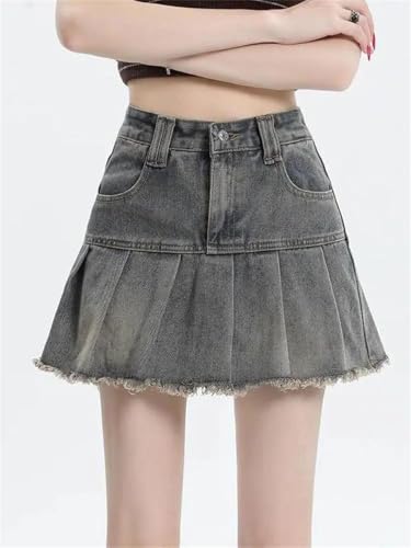 Women's Vintage High Waist Denim Mini Skirt A-Line Pleated Short Jean Skirt3