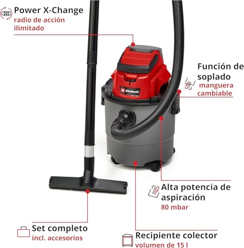 Miniatura 3 de Einhell Aspirador En Seco Y Húmedo Con Batería Tc-Vc 18 15 Li-Solo Power X-Change Li-Ion, 18 V, Recipiente De Plástico De 15 L, Incl. Manguera De Aspiración, Varios Filtros, Sin Batería Ni Cargador