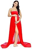 ZIUMUDY Maternity Chiffon Strapless Maxi Photography Dress Split Front Gown for Photoshoot (A - Red)
