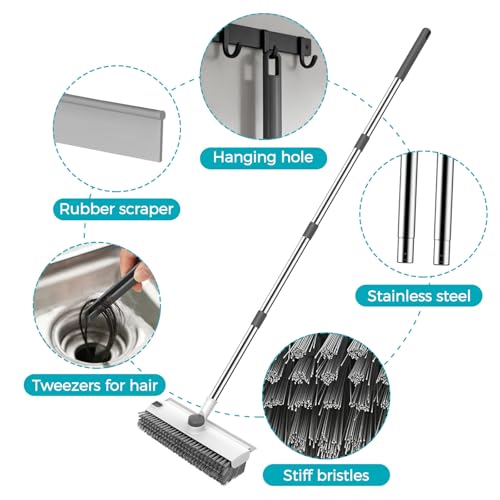 Image of SetSail Floor Scrub Brush, 3 in 1 Floor Scrub Brush with 54-in Adjustable Long Handle and Scraper Heavy Duty Stiff Bristle Floor Scrubber for Cleaning Shower Bathroom Kitchen Patio Garage, Grey&White