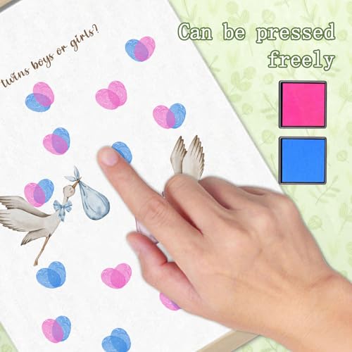 Image of Boho Stork Twins Baby Shower, Modern Twins Two Babies Pink and Blue Shower, Gender Reveal Fingerprint Tree Canvas Guest Books,Thumbprint Hanging Paintings(12x15in)