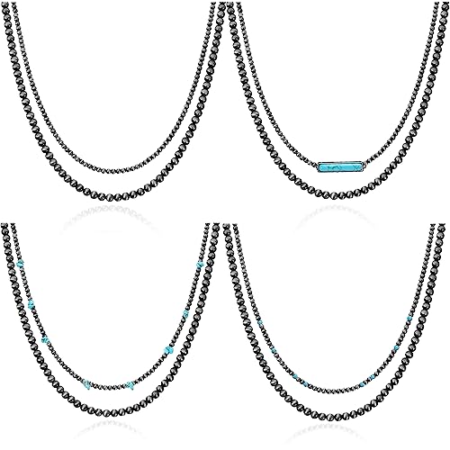 CASDAN 4 PCS Western Jewelry Navajo Pearl Layered Necklace for Women Cowgirl Country Vintage Beaded Necklace Bohemian Turquoise Choker Jewelry