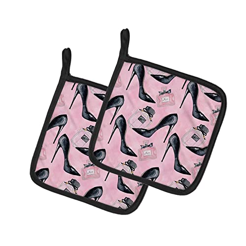 Caroline's Treasures BB7507PTHD Fashion Diva Shoes and Perfume Pair of Pot Holders Kitchen Heat Resistant Pot Holders Sets Oven Hot Pads for Cooking Baking BBQ, 7 1/2 x 7 1/2